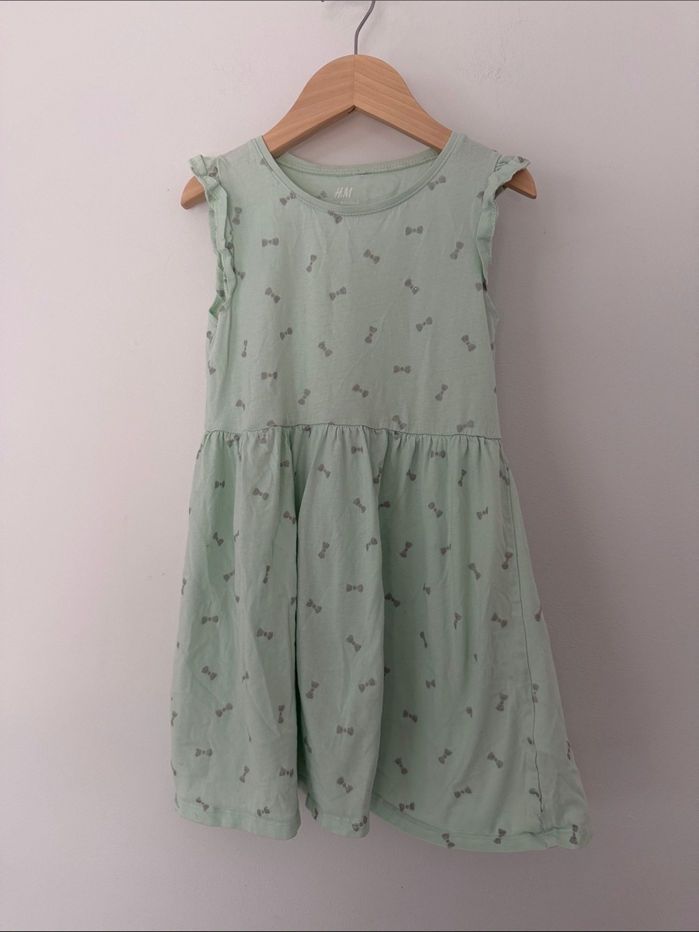 H&M Pale Mint Silver Glitter Bow-Print Girls Casual Dress 100% Cotton 4-6 Years